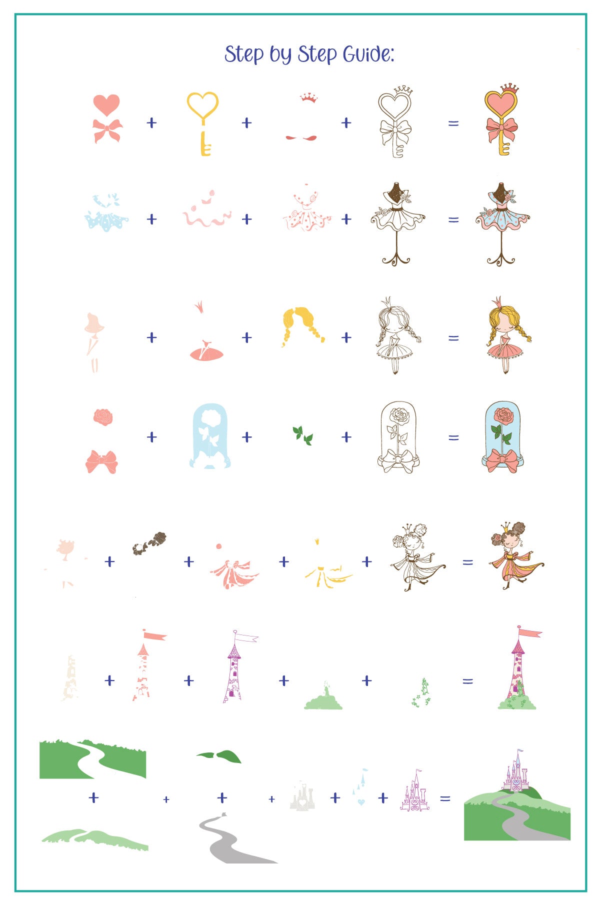 layered-nail-art-stamping-plate-how-to-card-showing-colorful-designs-of-castles-princesses-dragons-and-fairytale-words-for-nail-art