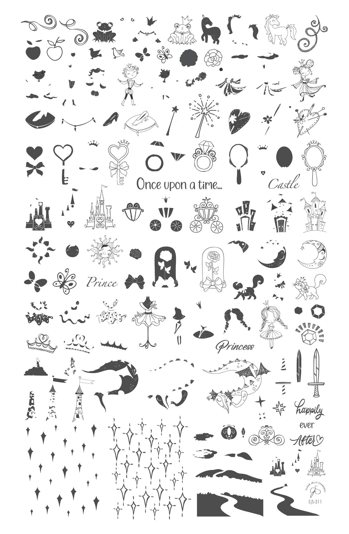 layered-nail-art-stamping-plate-showing-designs-of-castles-princesses-dragons-and-fairytale-words-for-nail-art