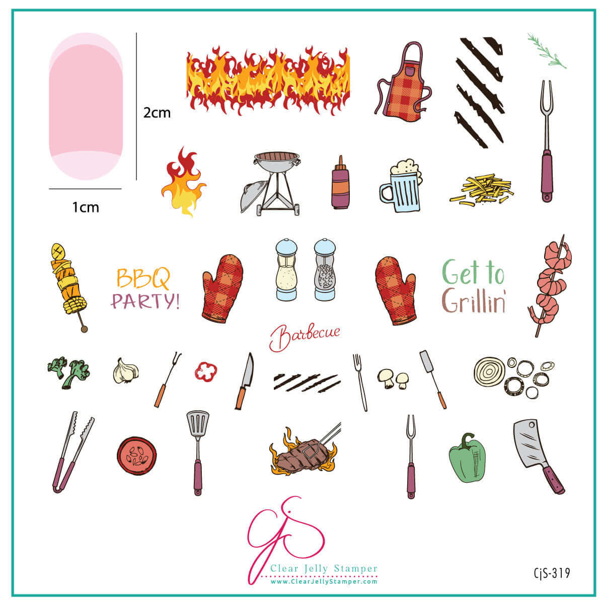 layered-nail-art-stamping-plate-inspo-card-with-colorful-bbq-inspired-designs-grills-flames-utensils-beer-vegetables-and-words-for-nail-art