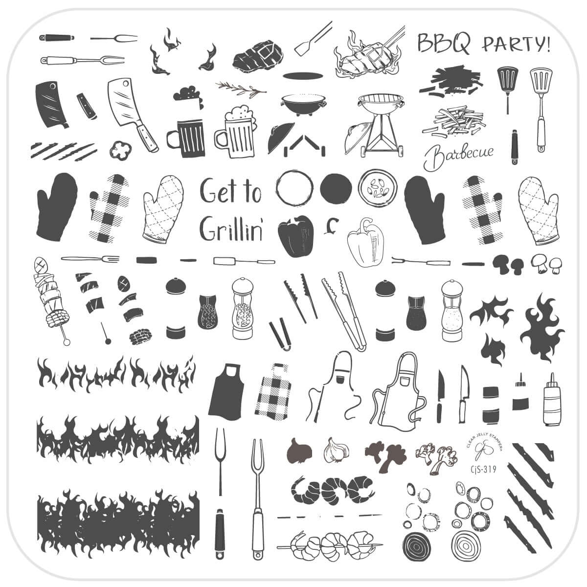 layered-nail-art-stamping-plate-with-bbq-inspired-designs-grills-flames-utensils-beer-vegetables-and-words-for-nail-art