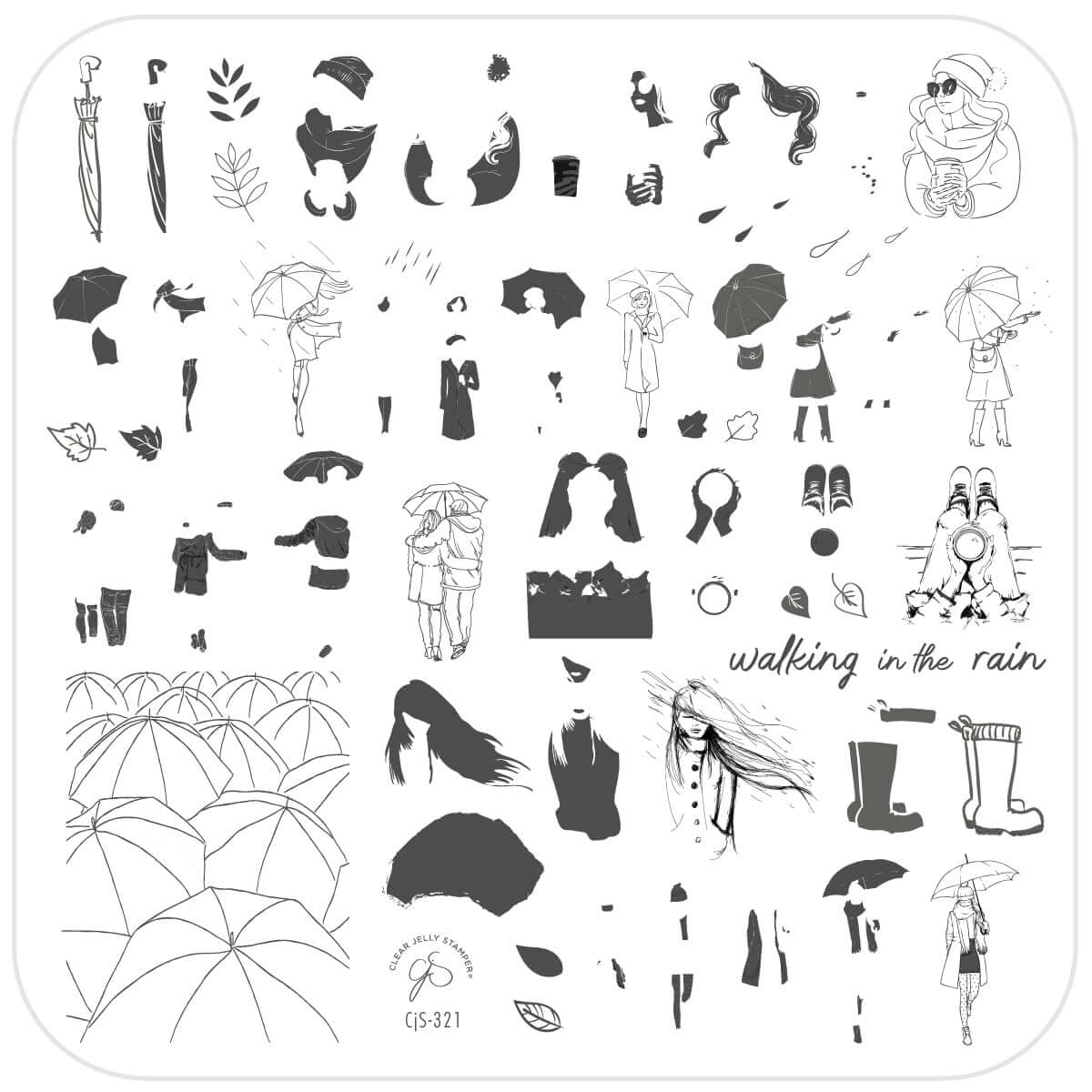 layered-nail-art-stamping-plate-with-designs-of-umbrellas-rain-drops-people-walking-in-the-rain-and-words-for-nail-art