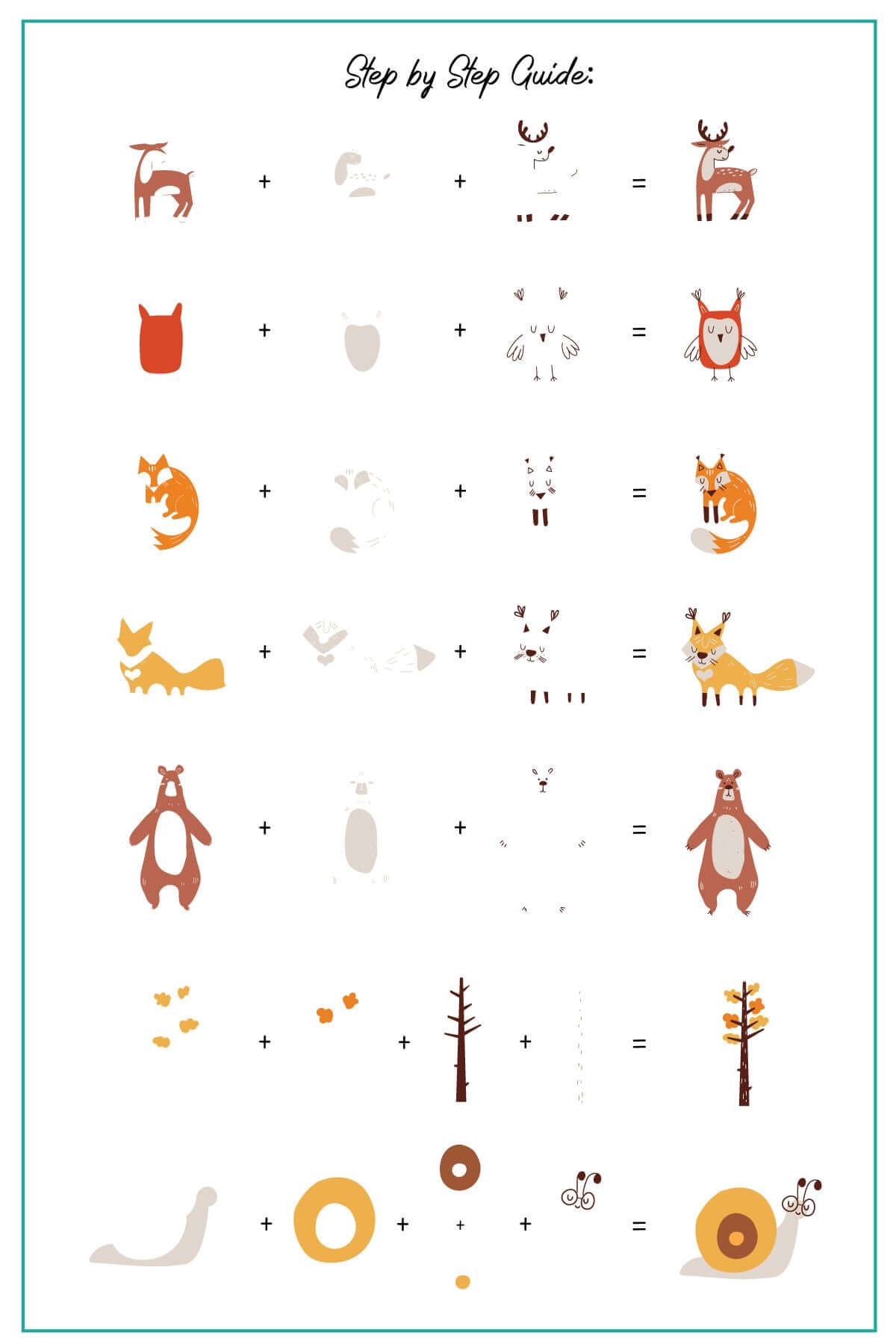 layered-nail-art-stamping-plate-how-to-card-showing-colorful-designs-of-leaves-woodland-creatures-foxes-owls-mushrooms-and-words-for-nail-art