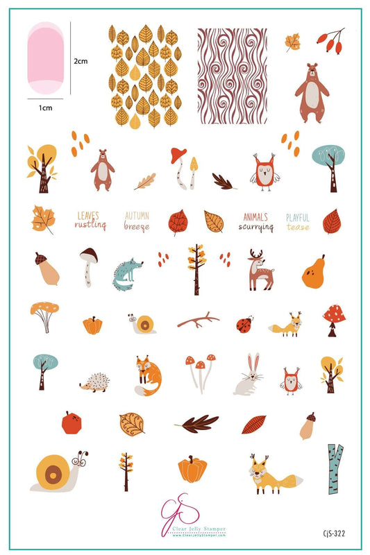 layered-nail-art-stamping-plate-inspo-card-showing-colorful-designs-of-leaves-woodland-creatures-foxes-owls-mushrooms-and-words-for-nail-art