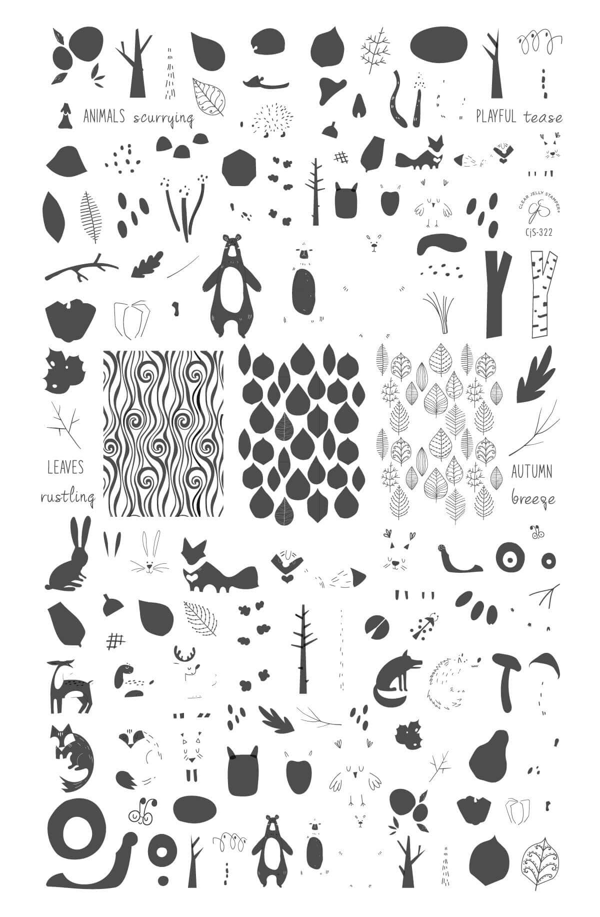 layered-nail-art-stamping-plate-showing-designs-of-leaves-woodland-creatures-foxes-owls-mushrooms-and-words-for-nail-art