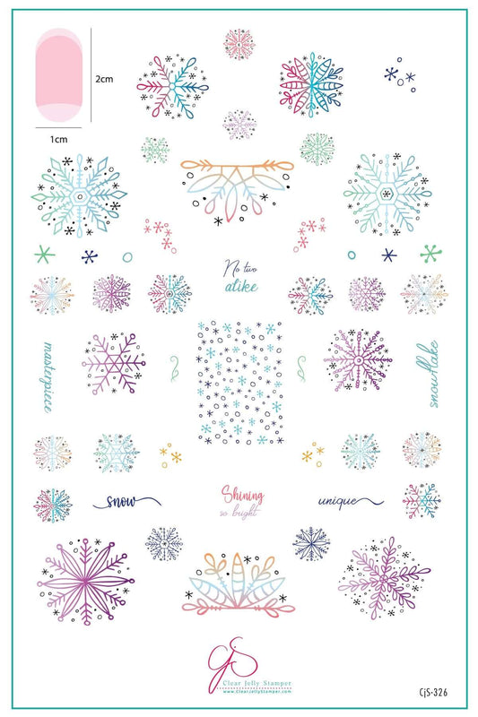 layered-nail-art-stamping-plate-inspo-card-showing-colorful-designs-of-snowflakes-and-words-for-nail-art