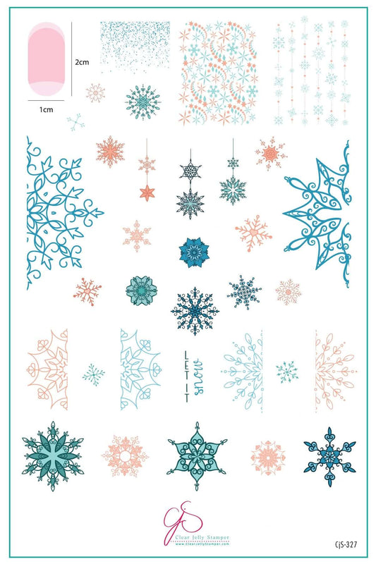 layered-nail-art-stamping-plate-inspo-card-showing-colourful-designs-of-snowflakes-with-different-sizes-and-patterns