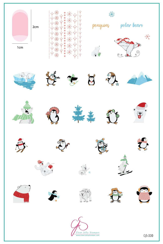 layered-nail-art-stamping-plate-inspo-card-with-cute-penguins-and-polar-bear-designs-snowflakes-and-words-for-nail-art