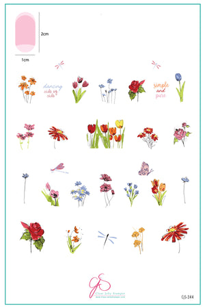 layered stamping plate spec sheet with colorful flowers, tulips, daisies, roses, butterflies, dragonfly, and words for for nail art