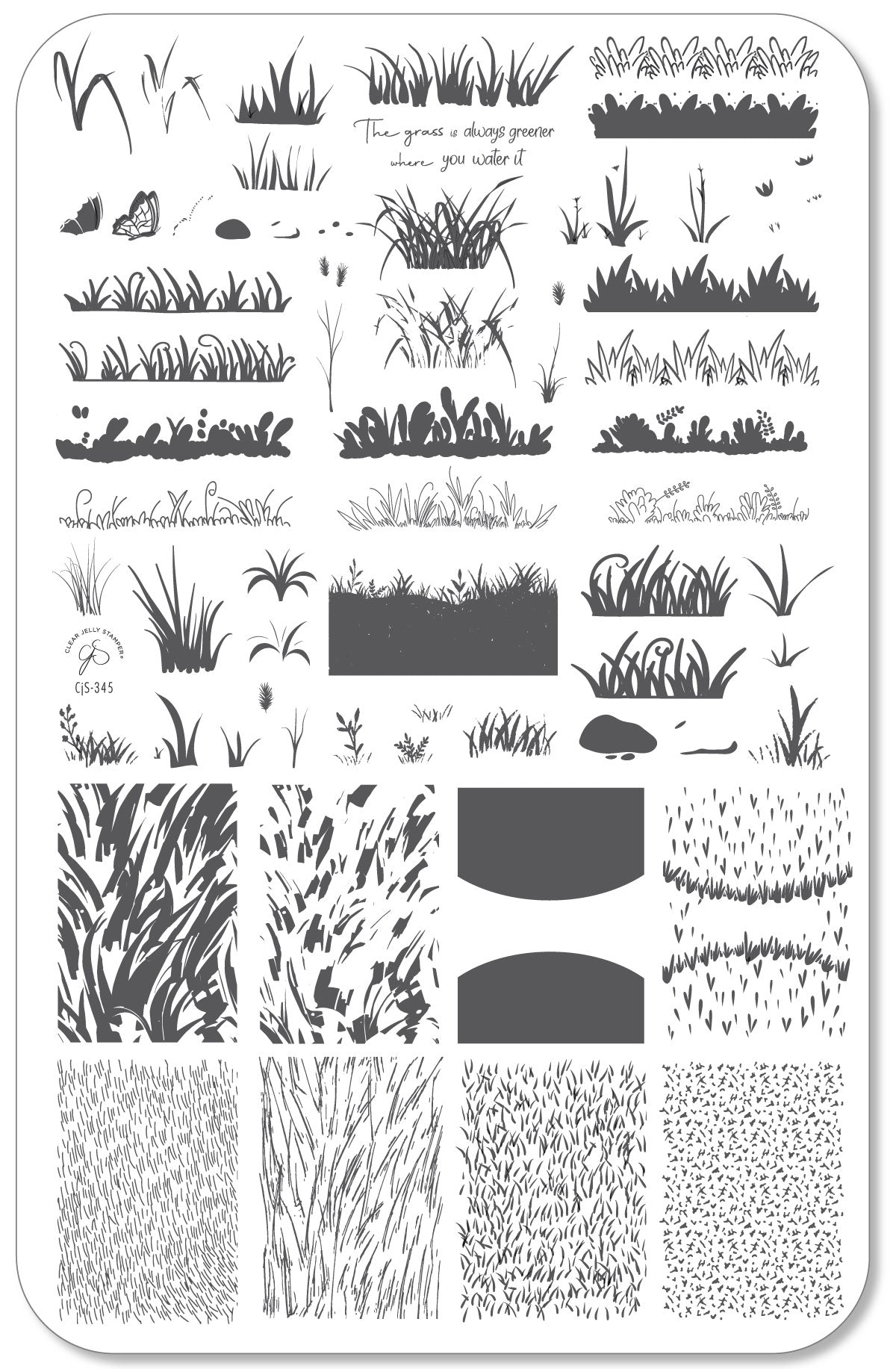 layered-nail-art-stamping-plate-with-grass-designs-butterfly-and-words-for-nail-art