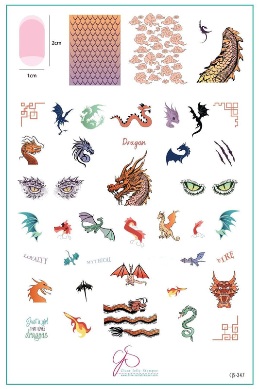 layered-nail-art-stamping-plate-inspo-card-with-colorful-dragon-designs-fire-and words-for-nail-art