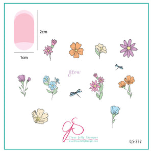 layered-nail-art-stamping-plate-inspo-card-with-coloful-flowers-daisies-anemonies-pansies-dragonflies-words-for-nail-art