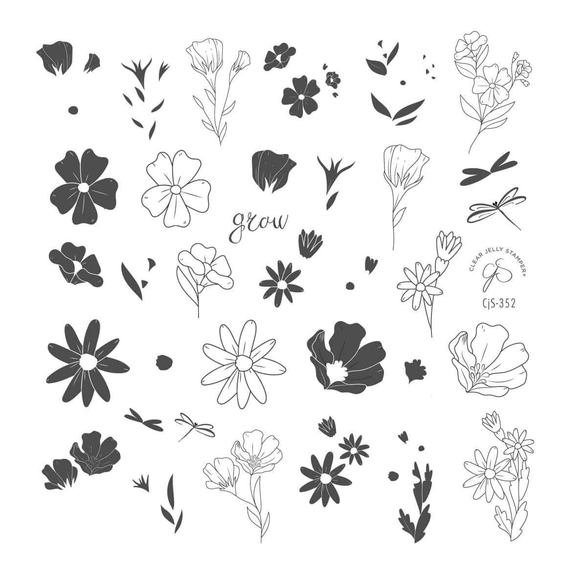 layered-nail-art-stamping-plate-with-coloful-flowers-daisies-anemonies-pansies-dragonflies-words-for-nail-art