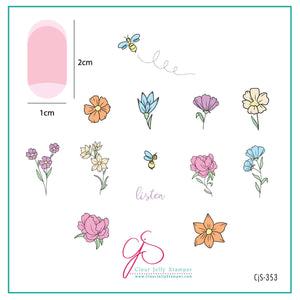 layered-nail-art-stamping-plate-inspo-card-with-coloful-flowers-peonies-daisies-crocus-and-bees-words-for-nail-art
