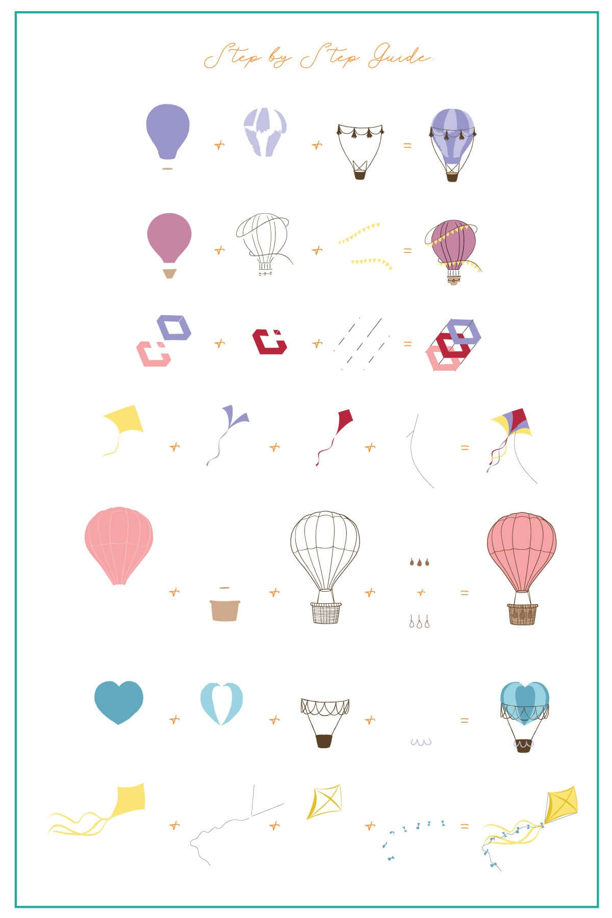 layered-nail-art-stamping-plate-how-to-card-with-colorful-hot-air-balloons-kites-birds-flying-clouds-and-words-for-nail-art