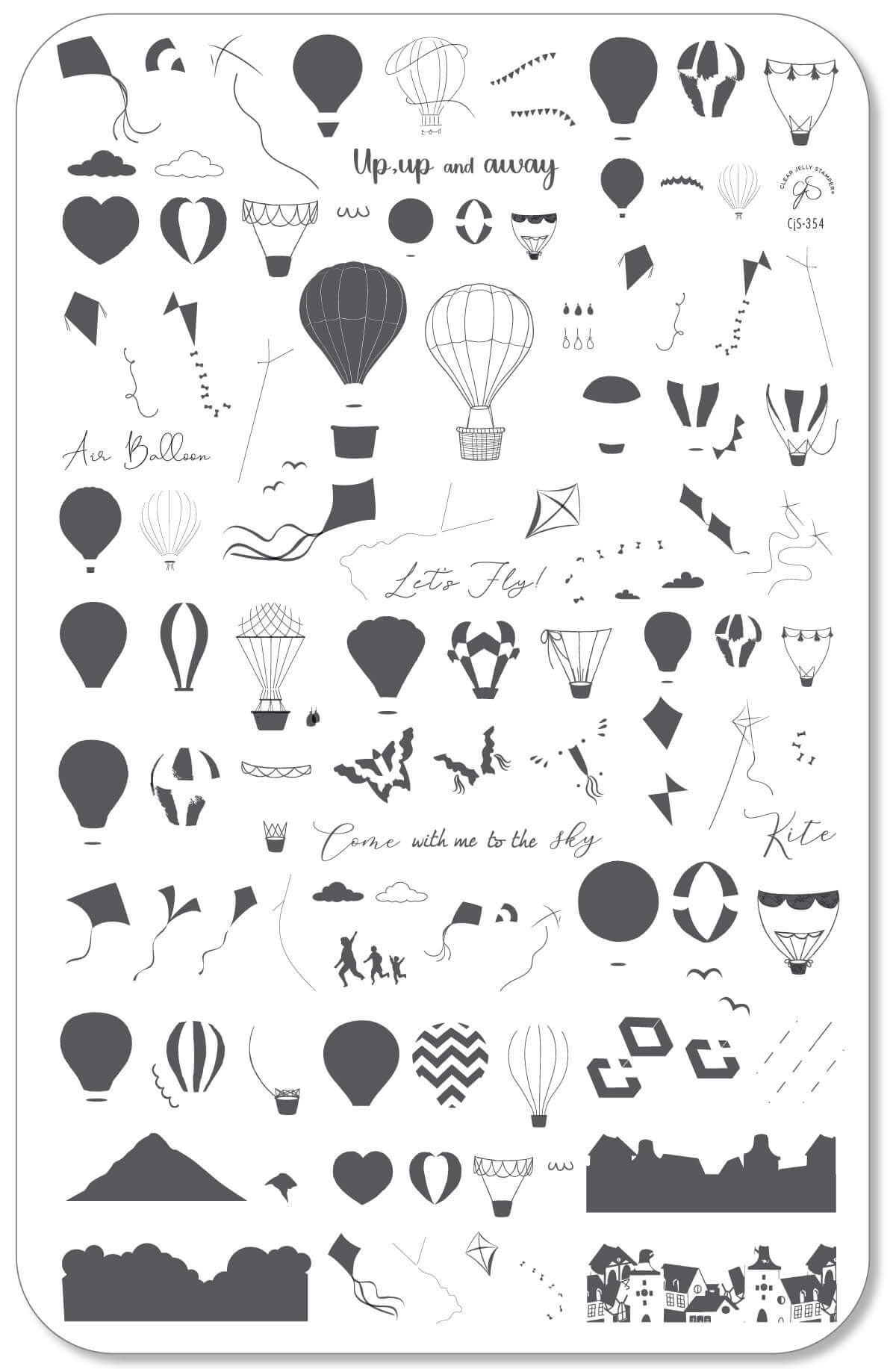 layered-nail-art-stamping-plate-with-colorful-hot-air-balloons-kites-birds-flying-clouds-and-words-for-nail-art