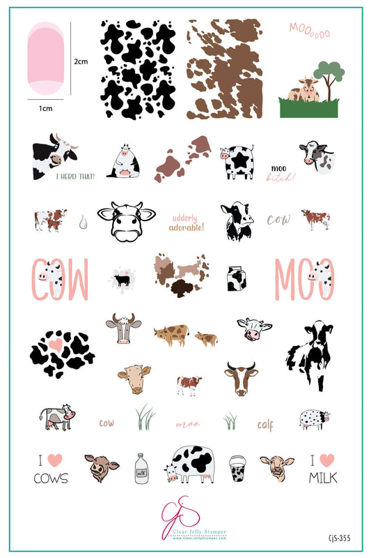 layered-nail-art-stamping-plate-inspo-card-showing-colorful-designs-of-cows-cow-print-and-words-for-nail-art