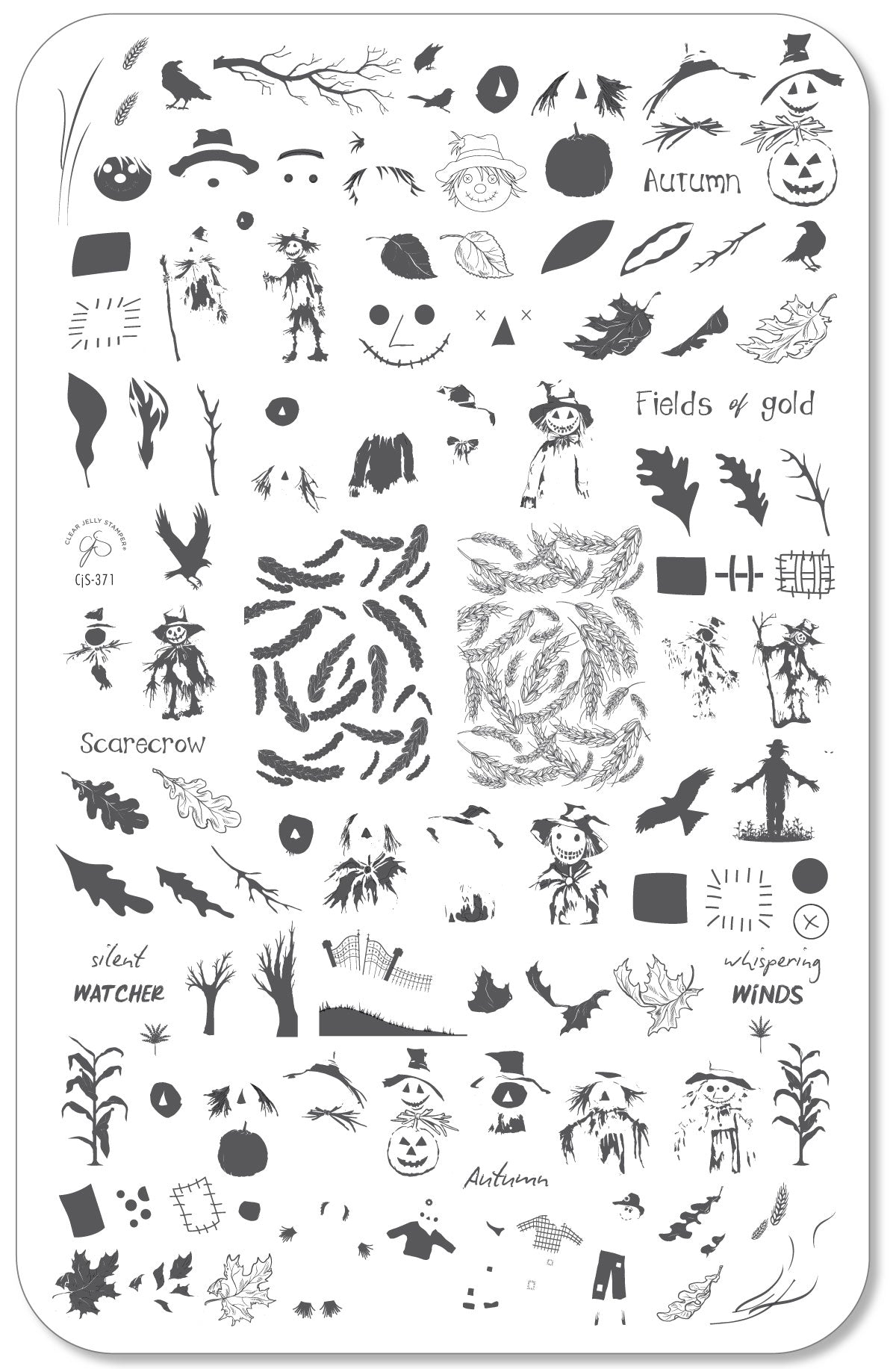 layered-nail-art-stamping-plate-with-designs-of-scarecrows-wheat-patches-crows-and-words-for-nail-art