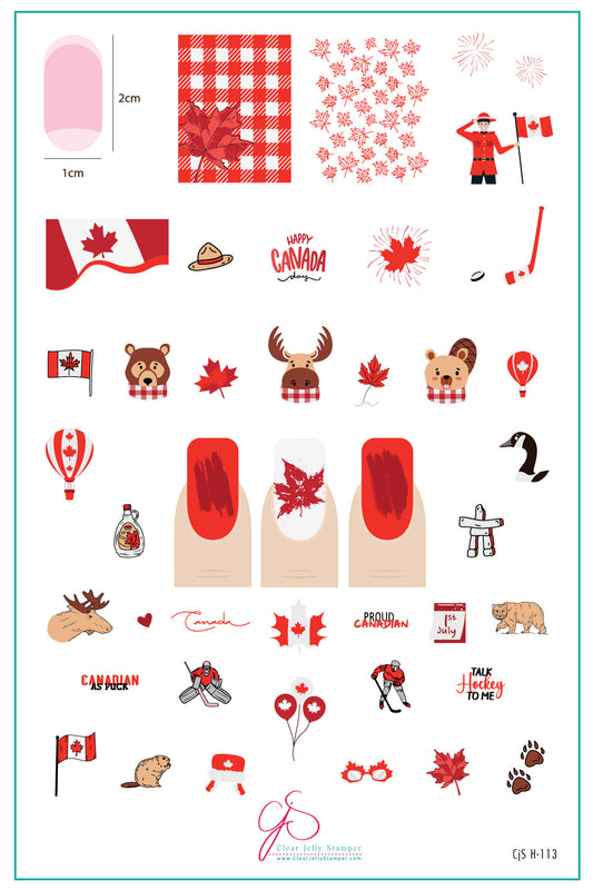 layered-nail-art-stamping-pate-inspo-card-with-colorful-canadian-designs-of-maple-leaves-bears-moose-ice-hockey-and-words-for-nail-art