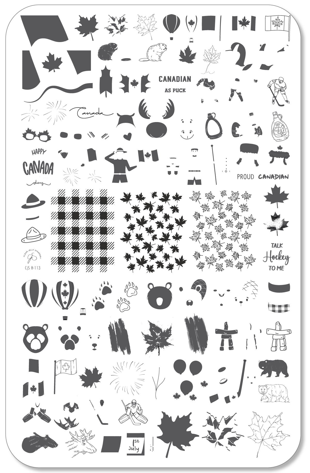 layered-nail-art-stamping-pate-with-canadian-designs-of-maple-leaves-bears-moose-ice-hockey-and-words-for-nail-art