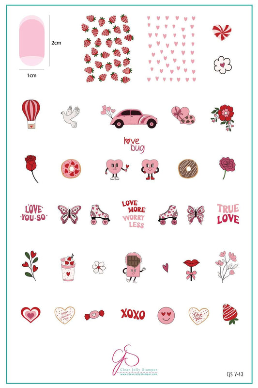 layered-nail-art-stamping-plate-inspo-card-showing-colorful-designs-of-strawberries-hearts-roller-skates-and-words-for-nail-art