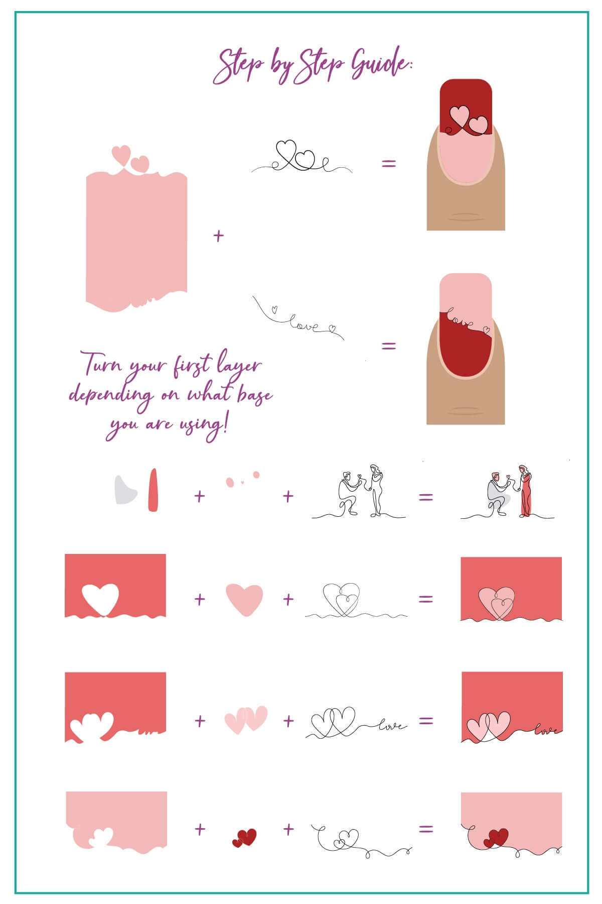 layered-nail-art-stamping-plate-how-to-card-with-colorful-designs-of-swirly-heart-and-french-tip-heart-designs