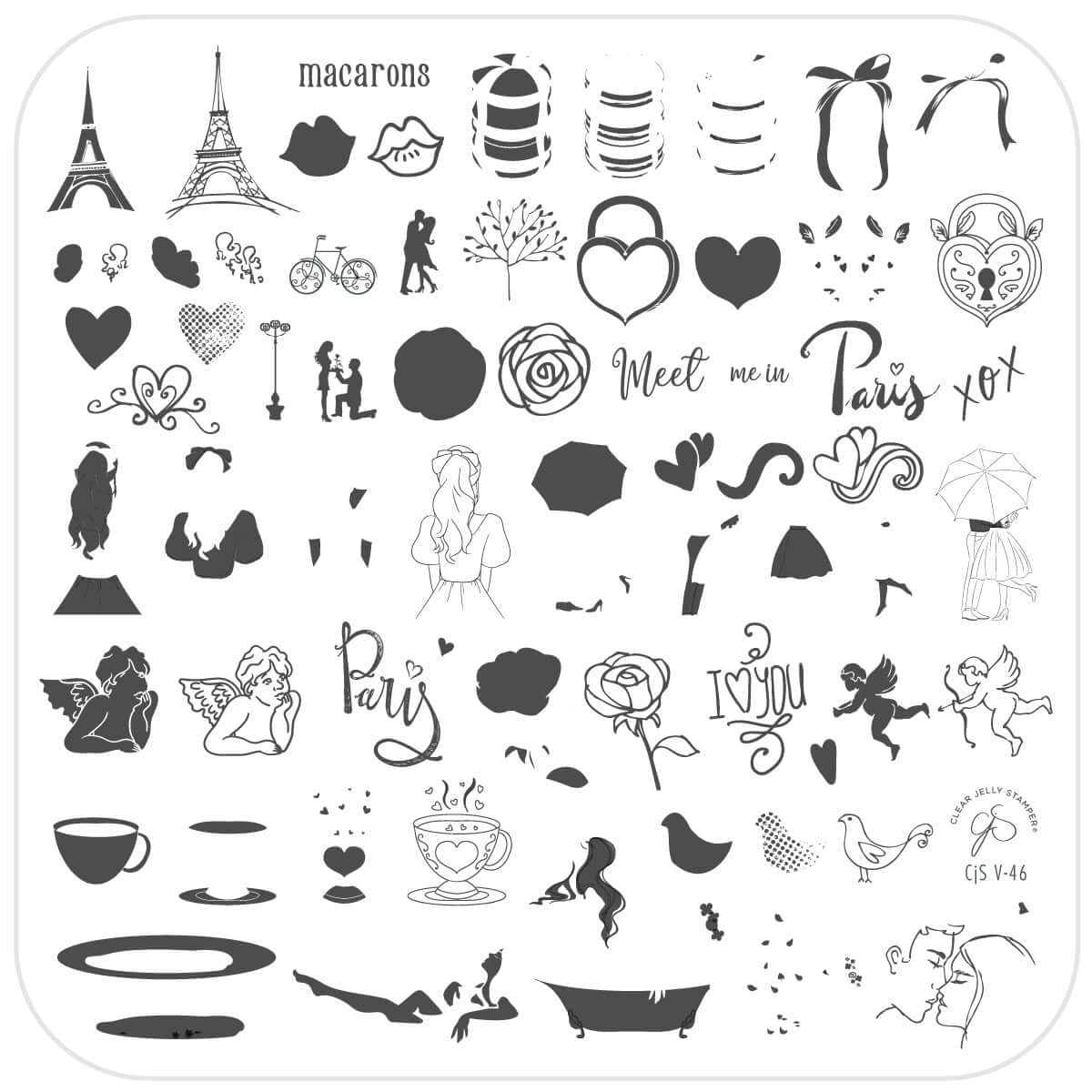 layered-nail-art-stamping-plate-with-images-of-the-effiel-tower-macarons-couples-kissing-and-words-for-nail-art