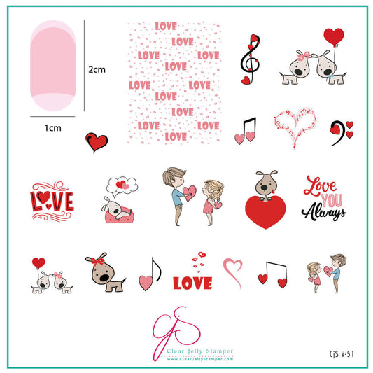layered-nail-art-stamping-plate-inspo-card-with-colourful-designs-of-hearts-musical-notes-puppies-with-words-for-nail-art