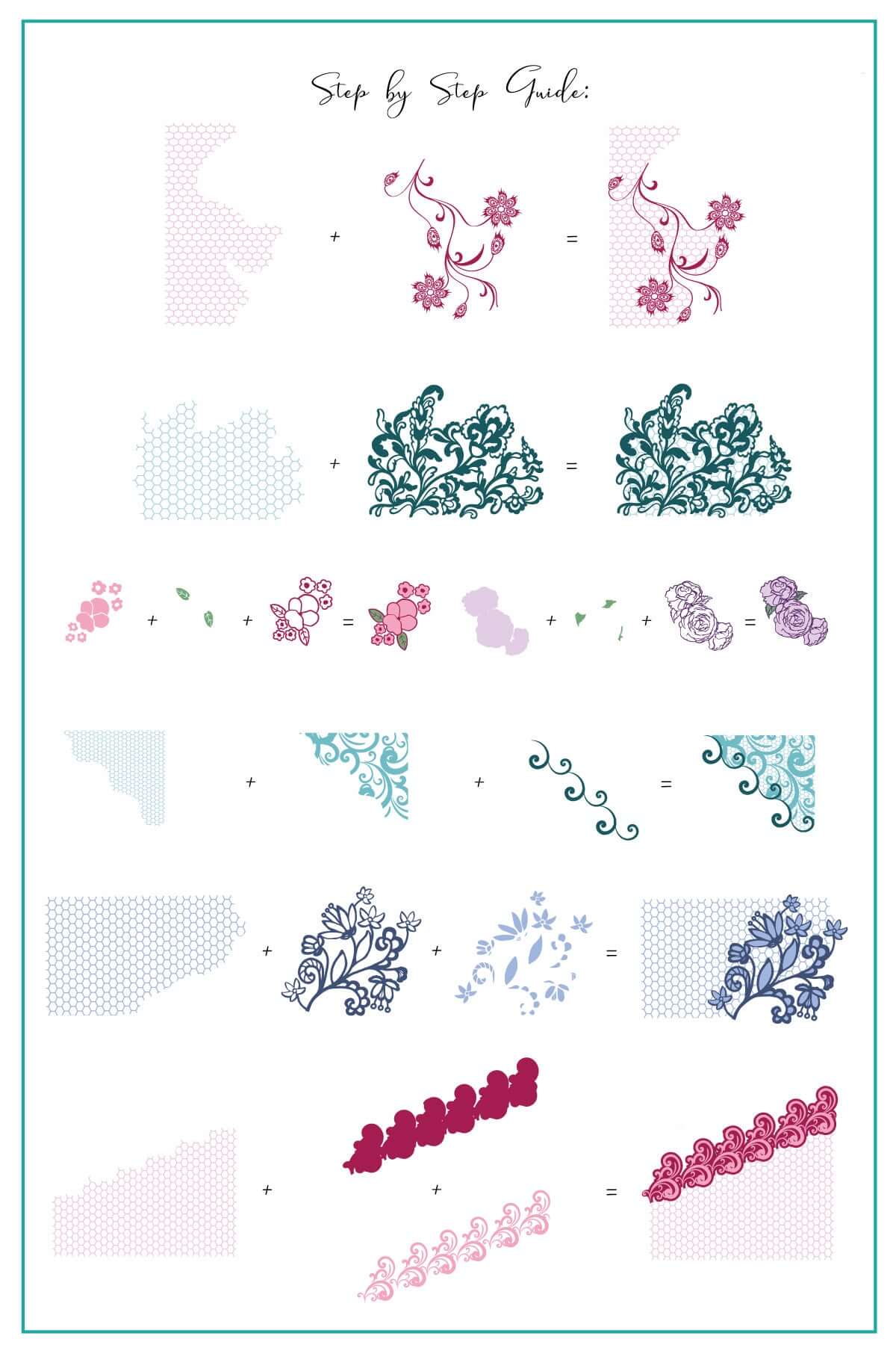 layered-nail-art-stamping-plate-how-to-card-showing-colorful-designs-of-flowers-delicate-lace-and-swirls