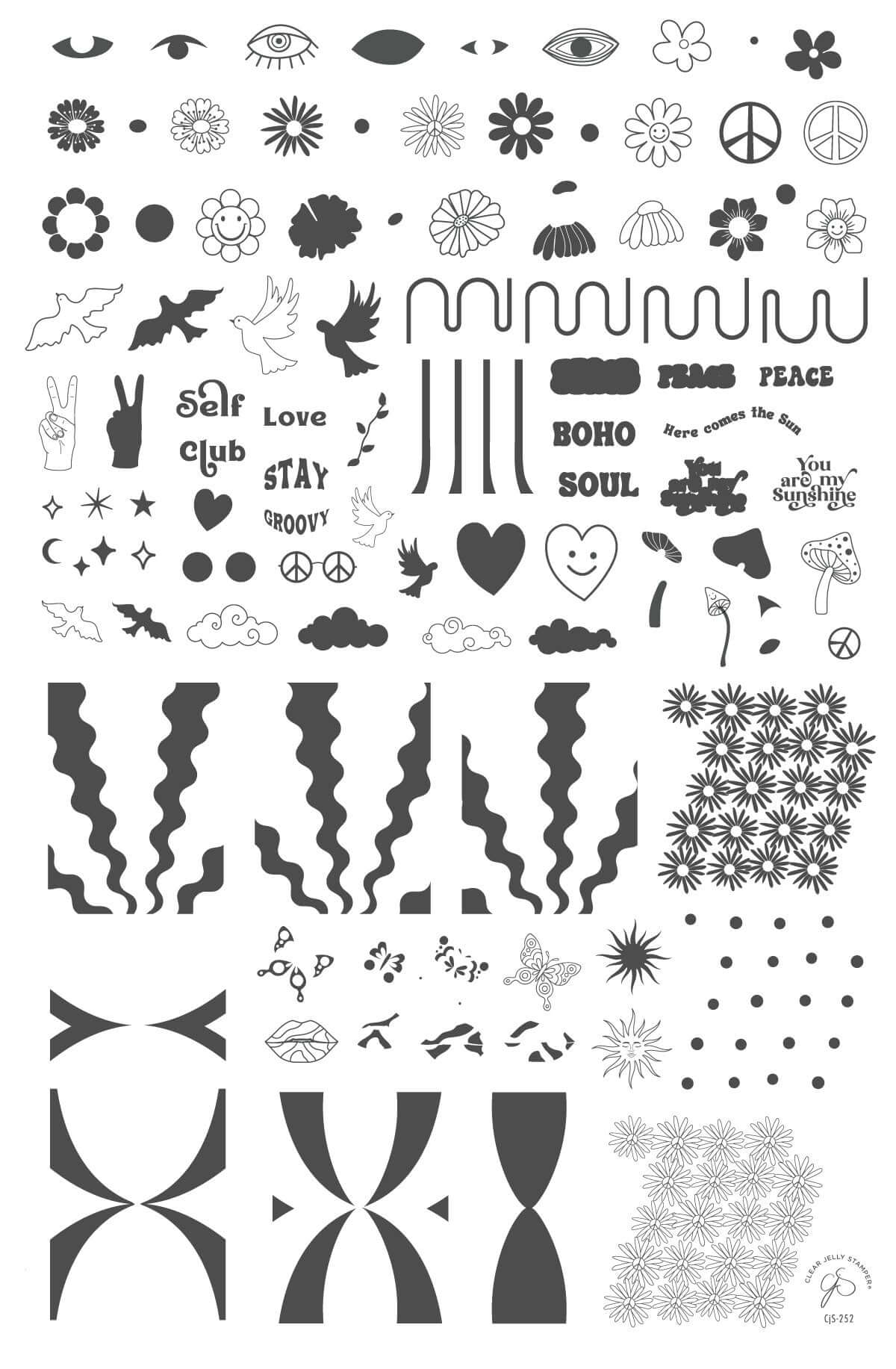 layered-nail-art-stamping-plate-with-designs-of-flowers-retro-waves-clouds-peace-sign-and-words-for-nail-art