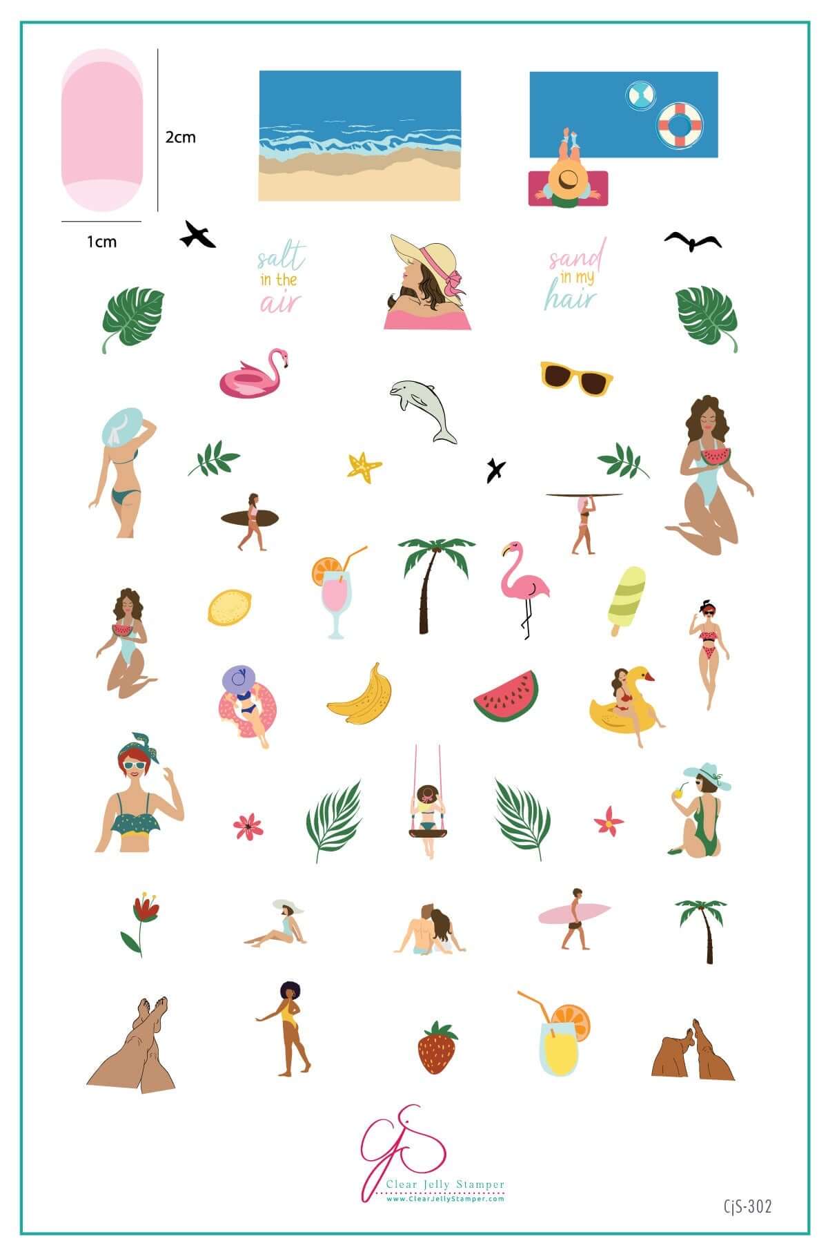 layered-nail-art-stamping-plate-inspo-card-with-colorful-designs-of-girls-in-bikinis-palm-trees-ice-creams-and-words-for-nail-art