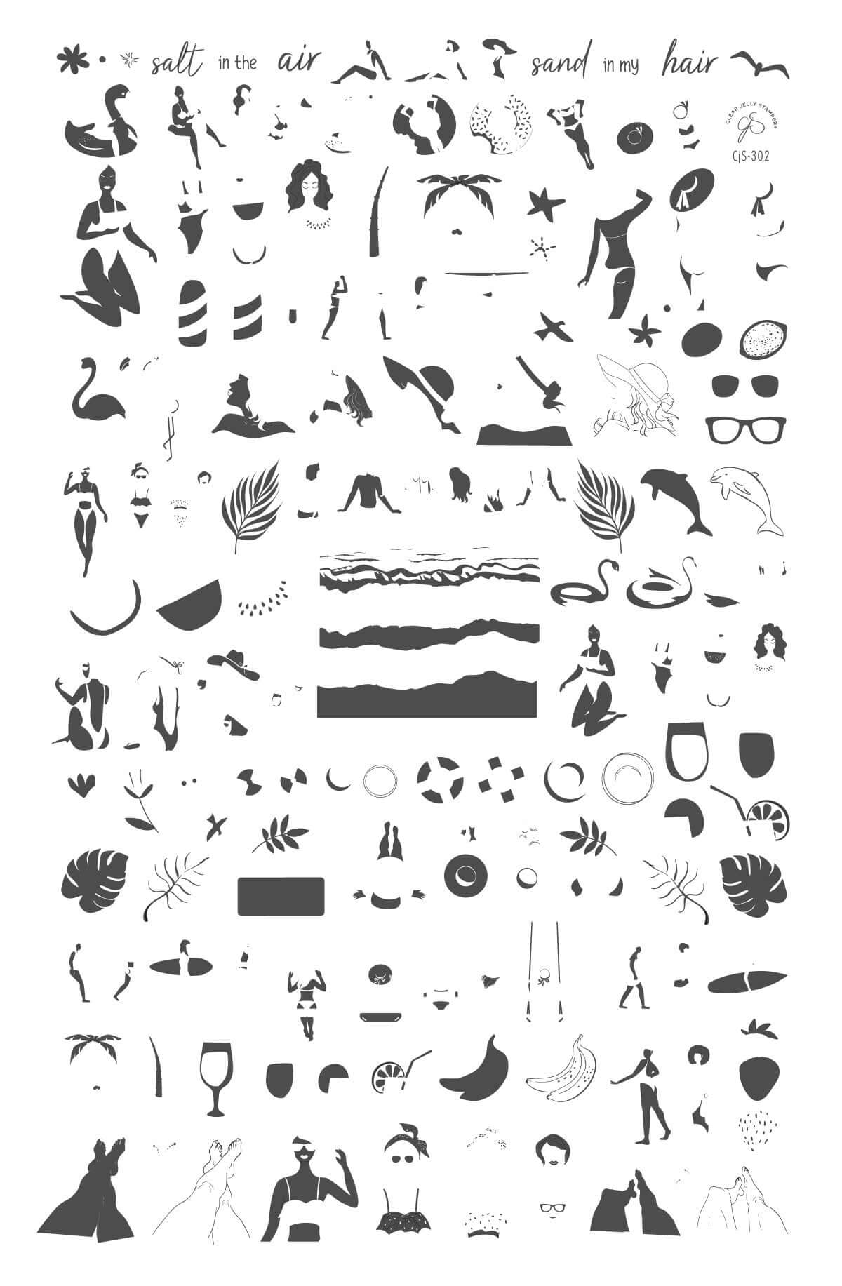 layered-nail-art-stamping-plate-with-designs-of-girls-in-bikinis-palm-trees-ice-creams-and-words-for-nail-art