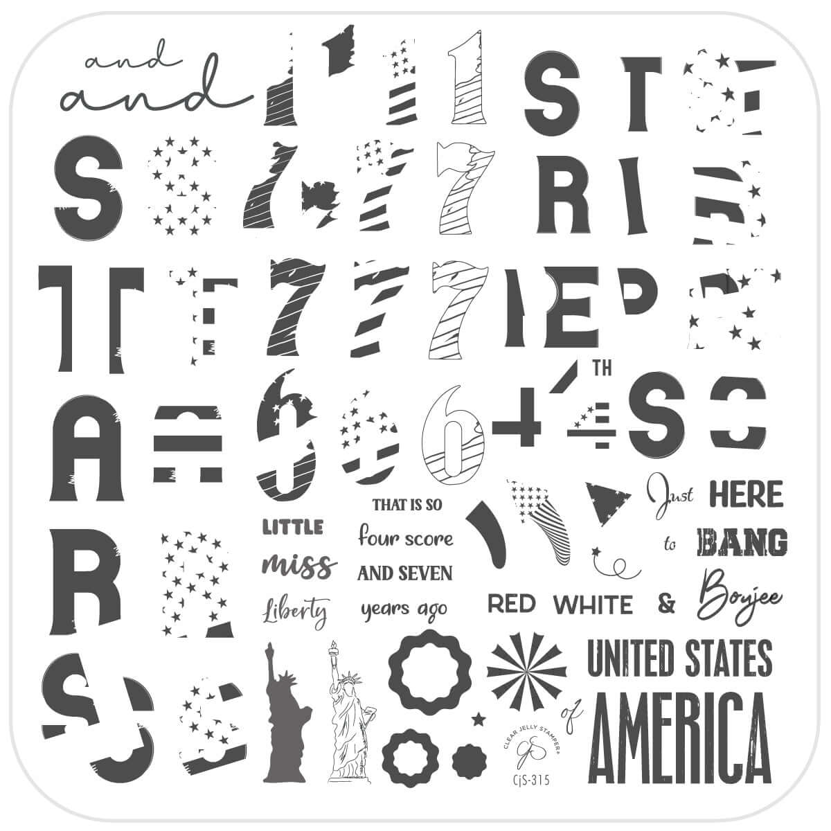 layered-nail-art-stamping-plate-with-the statue-of-liberty-stars-and-stripes-and-words-for-nail-art