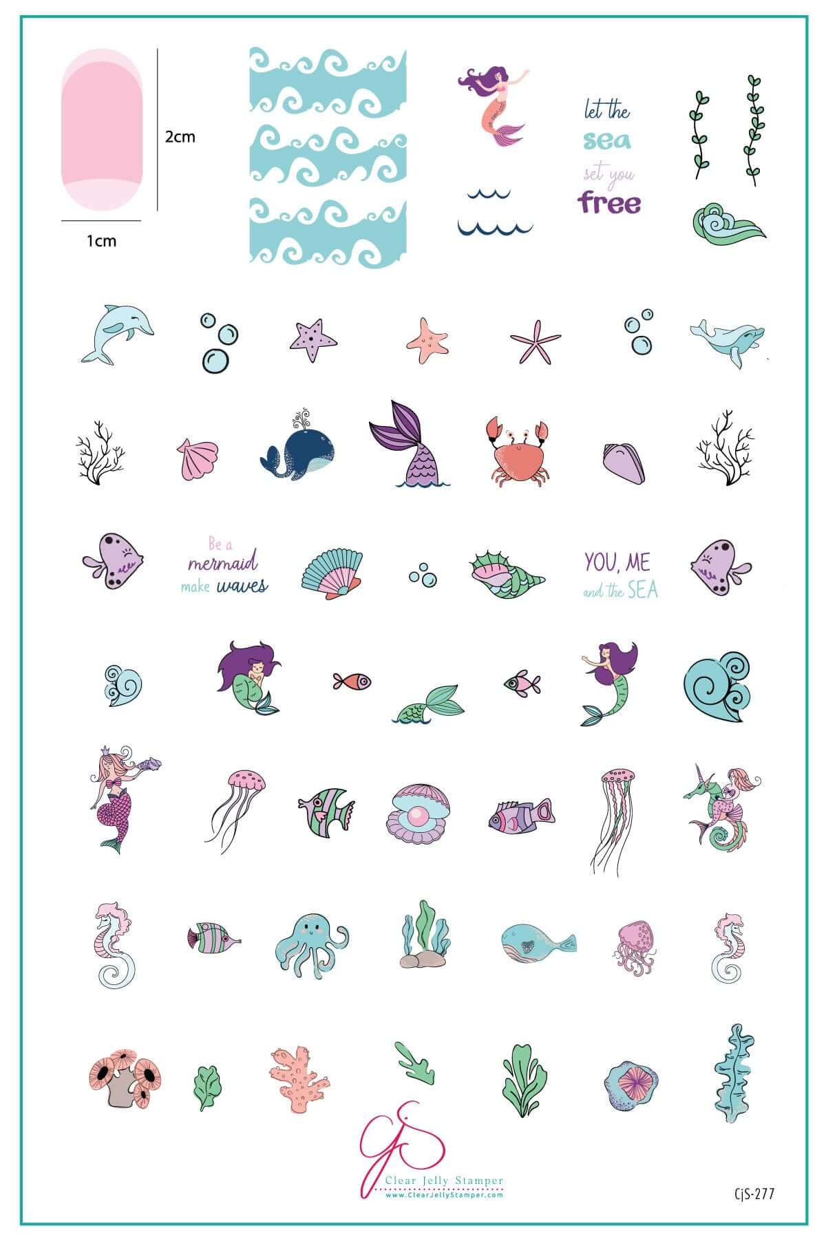 layered-nail-art-stamping-plate-inspo-card-with-colorful-designs-of-mermaids-waves-coral-fish-and-words-for-nail-art
