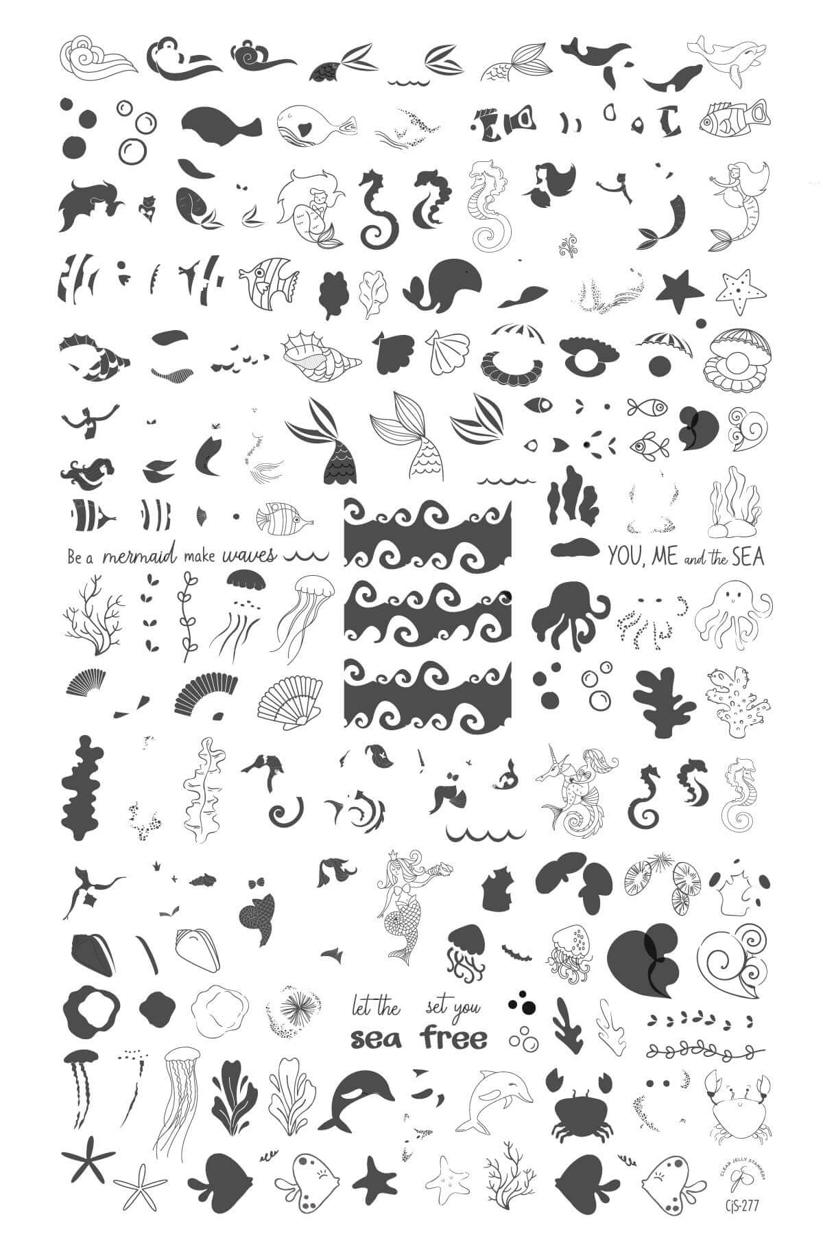 layered-nail-art-stamping-plate-with-designs-of-mermaids-waves-coral-fish-and-words-for-nail-art