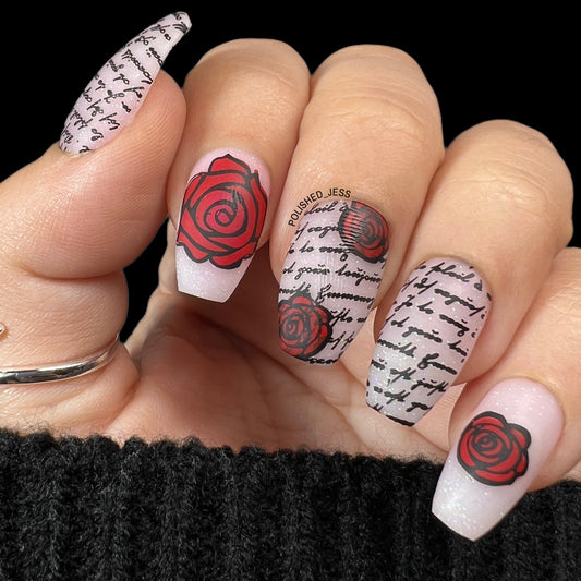 Simple Rose and Script (CjS-02) Etched Nail Art Stamping Plate