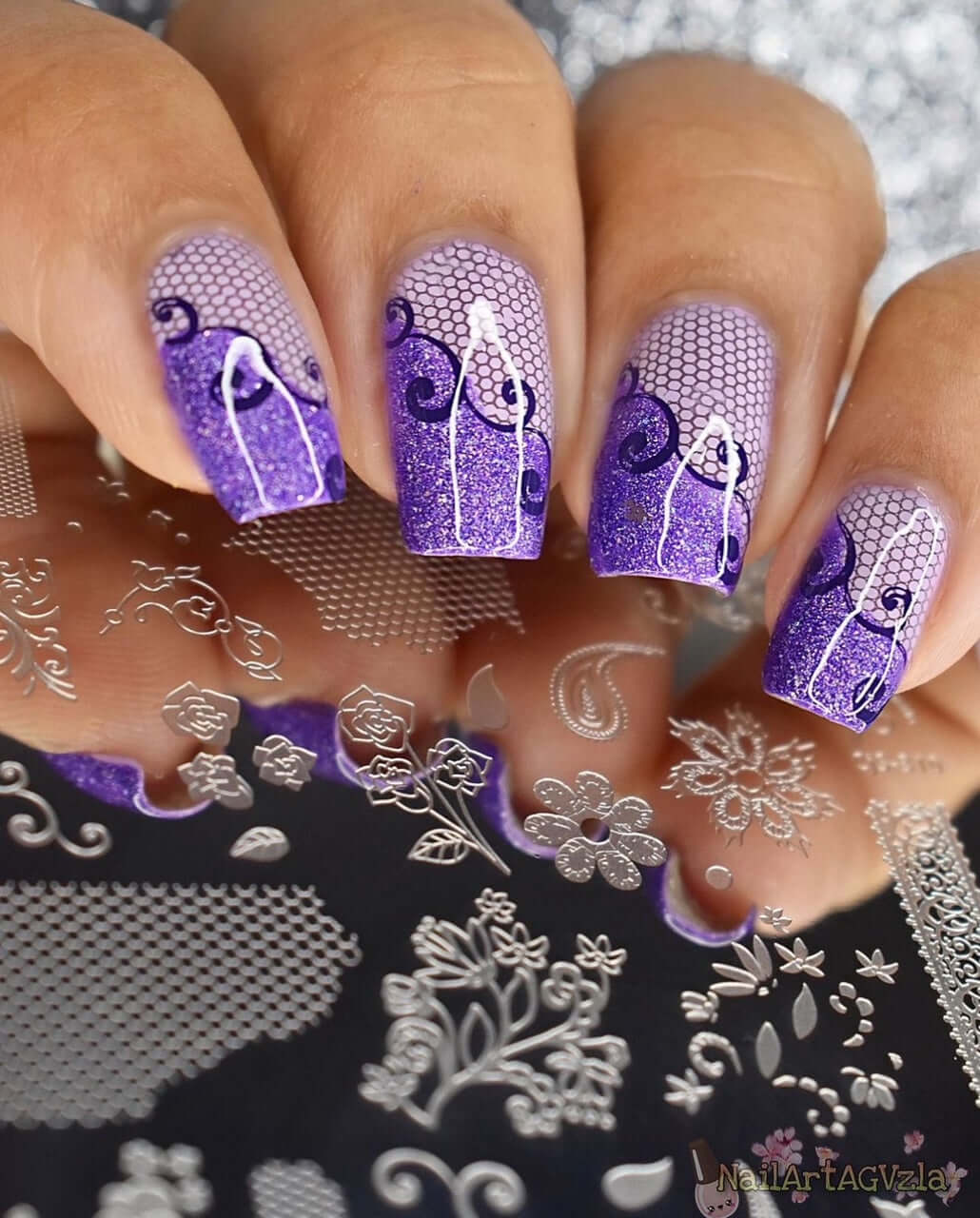 beautiful-manicure-showing-a-nail-art-design-of-lace-and-shimmery-swirls