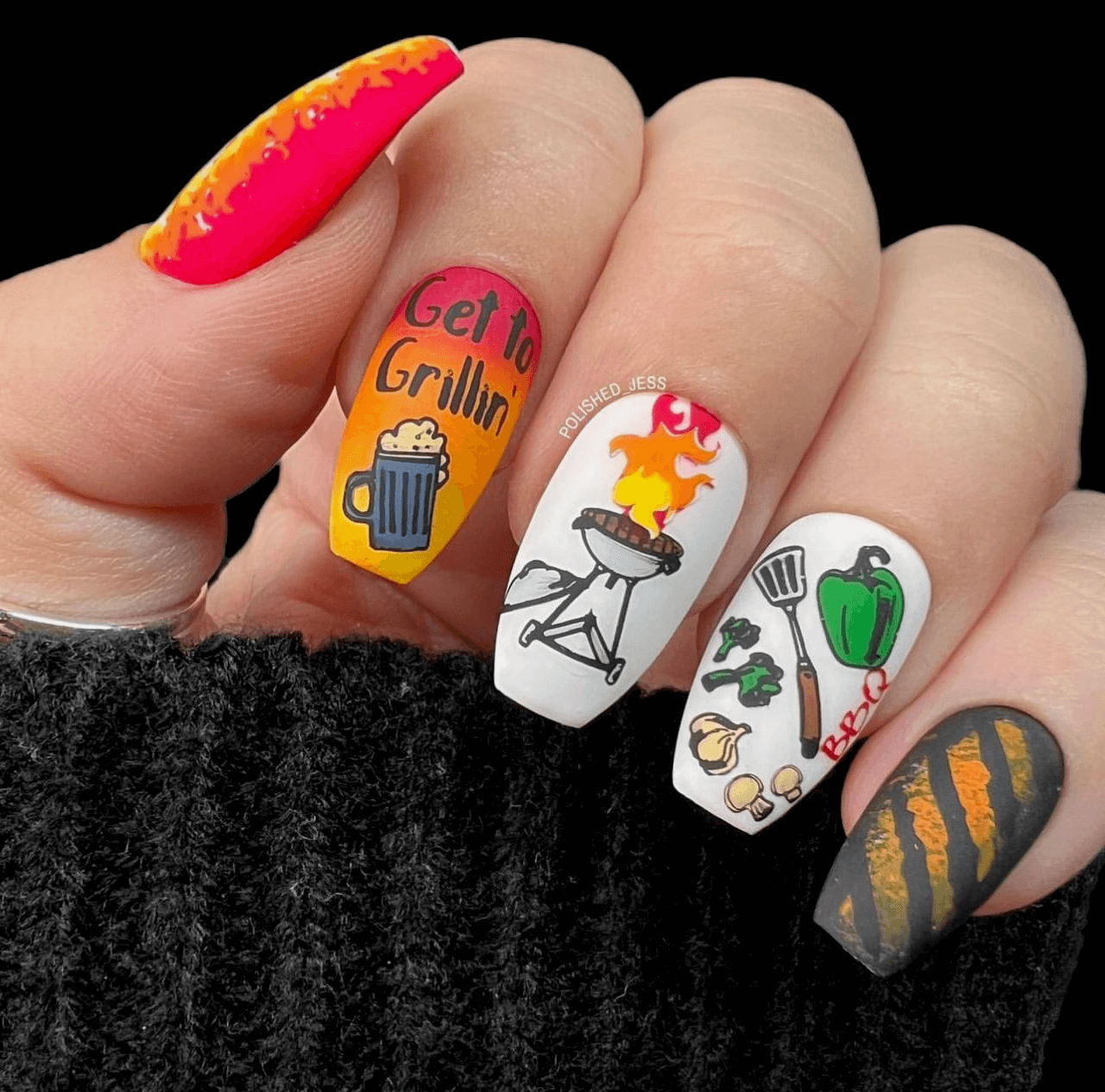 Manicure-showing-nail-art-designs-of-a-bbq-beer-vegtables-and-the-words-get-to-grill'in