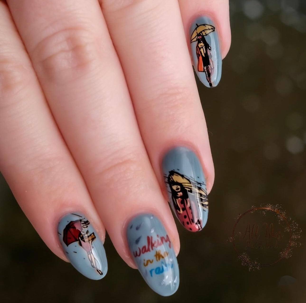 stunning-manicure-showing-nail-art-stamping-designs-of-girls-walking-in-the-rain