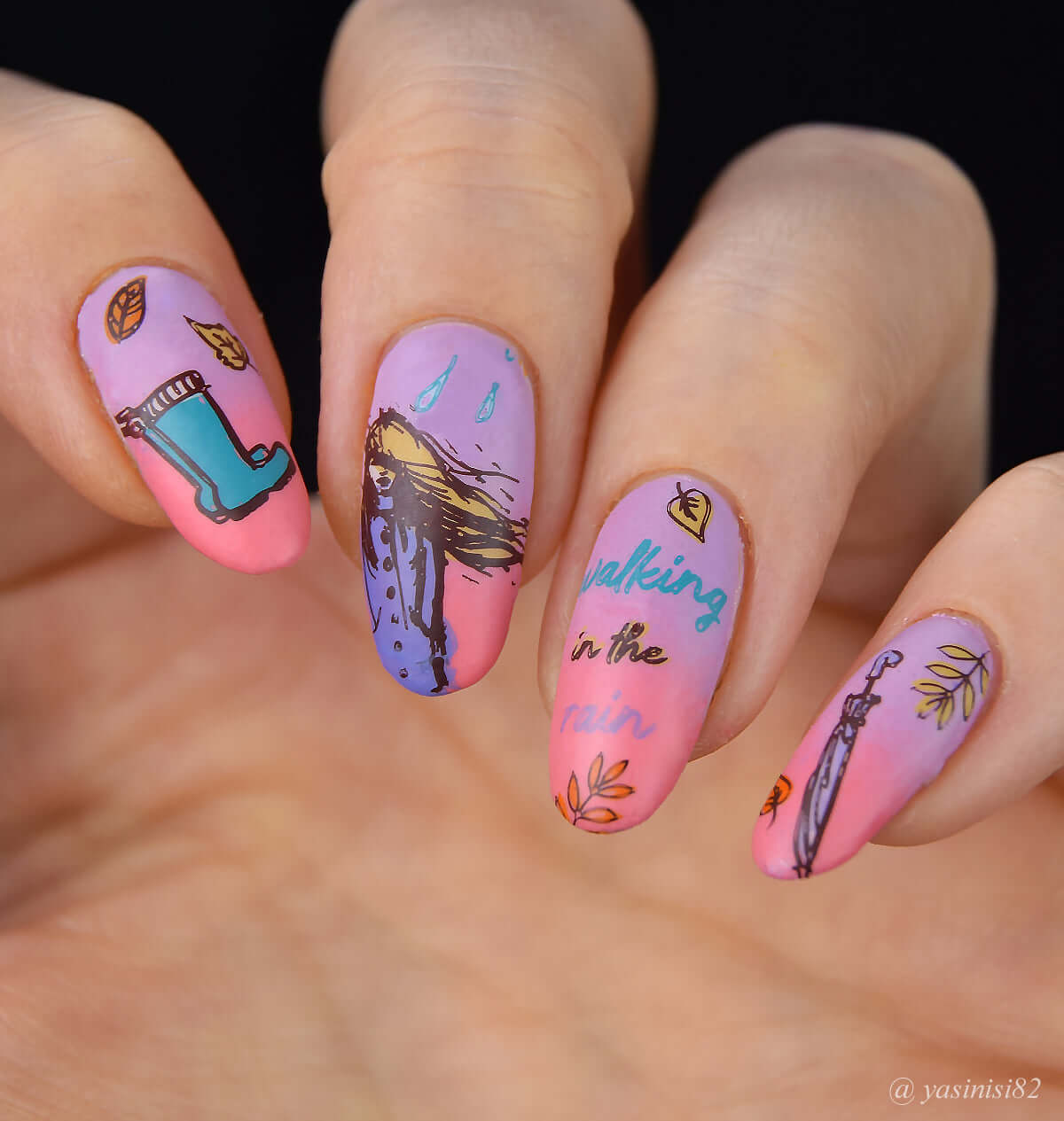 stunning-manicure-showing-nail-art-designs-of-a-girl-in-the-rain-rain-boots-umbrella
