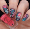 Bridge-manicure-showing-nail-art-designs-of-modern-boho-shapes-and-leaves