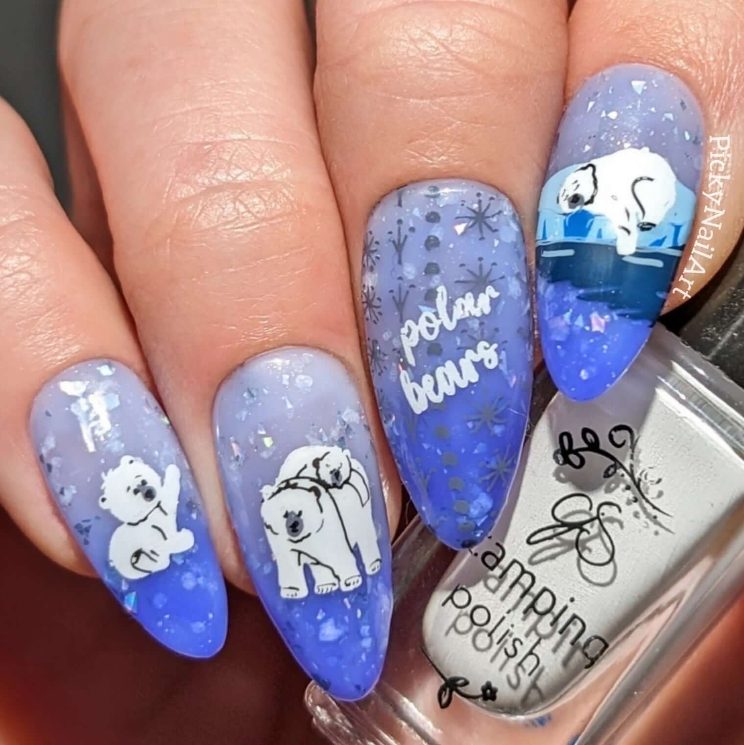 Glittery-manicure-with-nail-art-designs-of-polar-bears