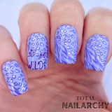 Striking-modern-purple-manicure-showing-nail-art-designs-of-zebra-and-cheetah-print-with-the-words-let's-get-wild