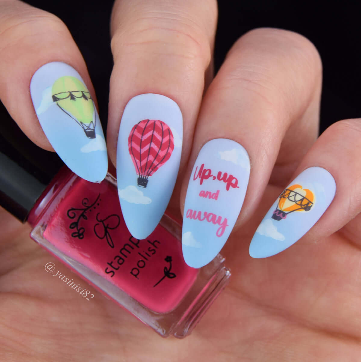 Sky-blue-manicure-with-nail-art-designs-of-clouds-hot-air-balloons-up-up-and-away