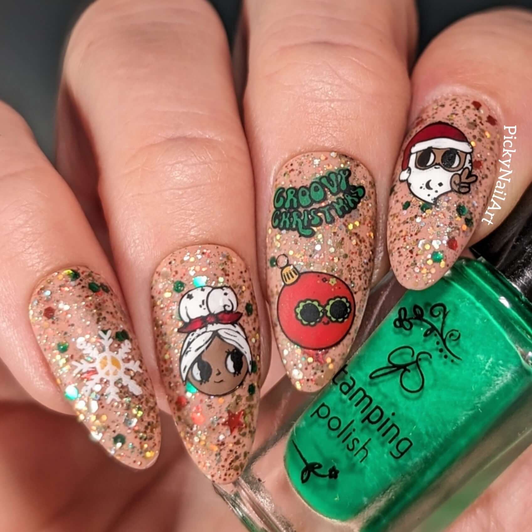 stunning-manicure-with-festive-nail-art-designs-of-retro-Santa-and-bauble-with-the-words-groovy-christmas