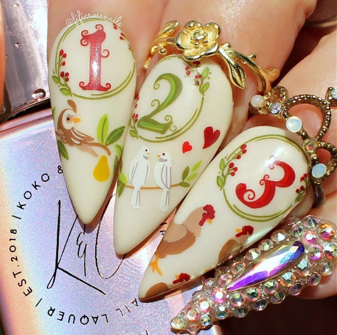 christmas-manicure-with-nail-art-designs-of-birds-hens-and-numbers-1-2-3