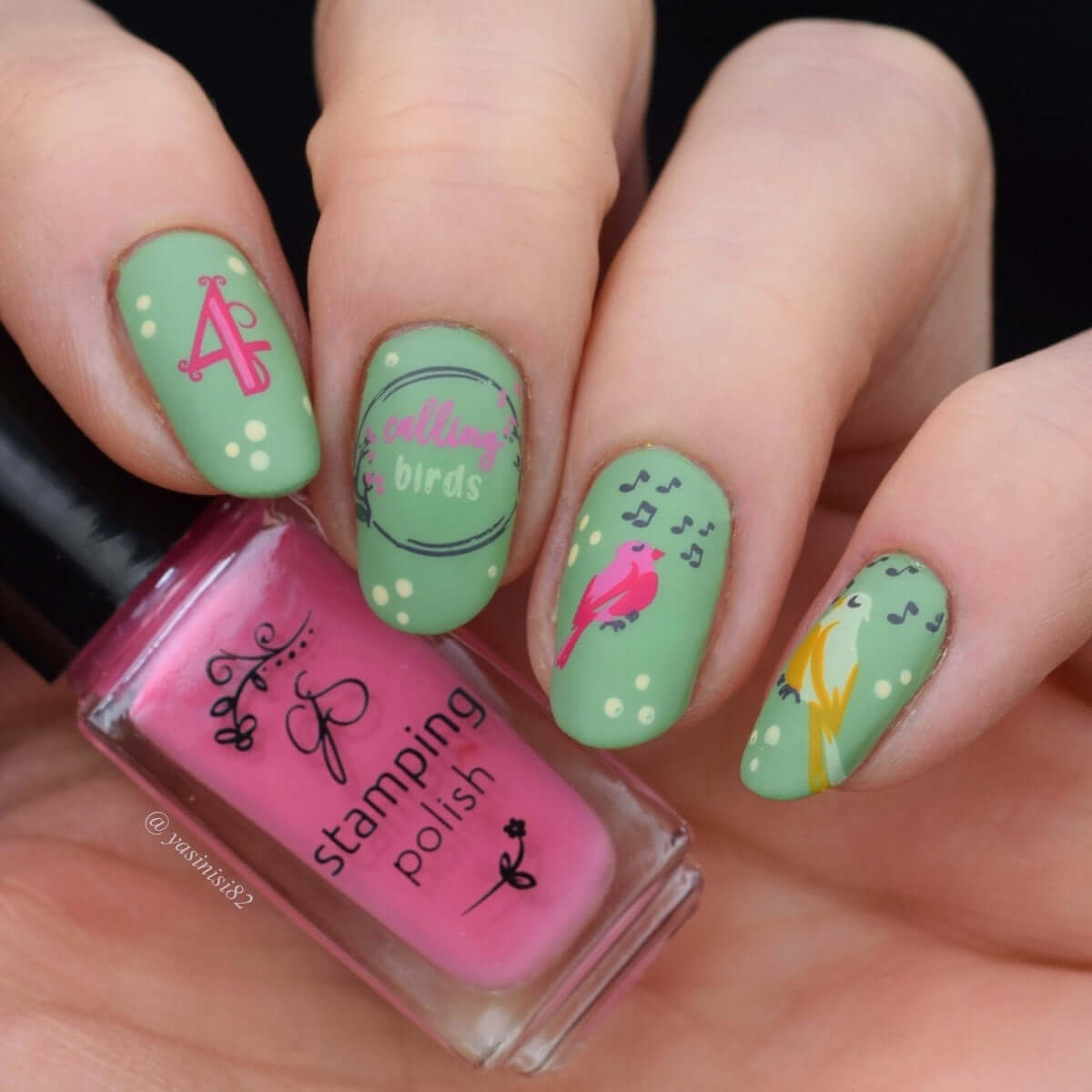 bright-manicure-with-nail-art-designs-of-four-calling-birds-and-muiscal-notes