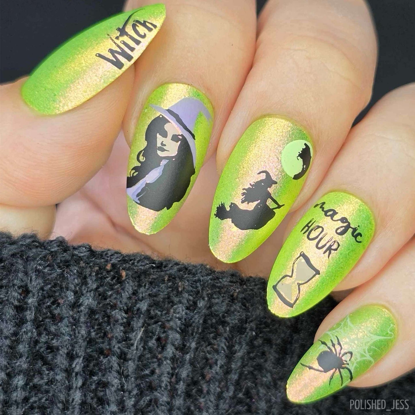 shimmering-manciure-with-hallowen-themed-nail-art-designs-of-witches-a-spider-and-the-words-magic-hour
