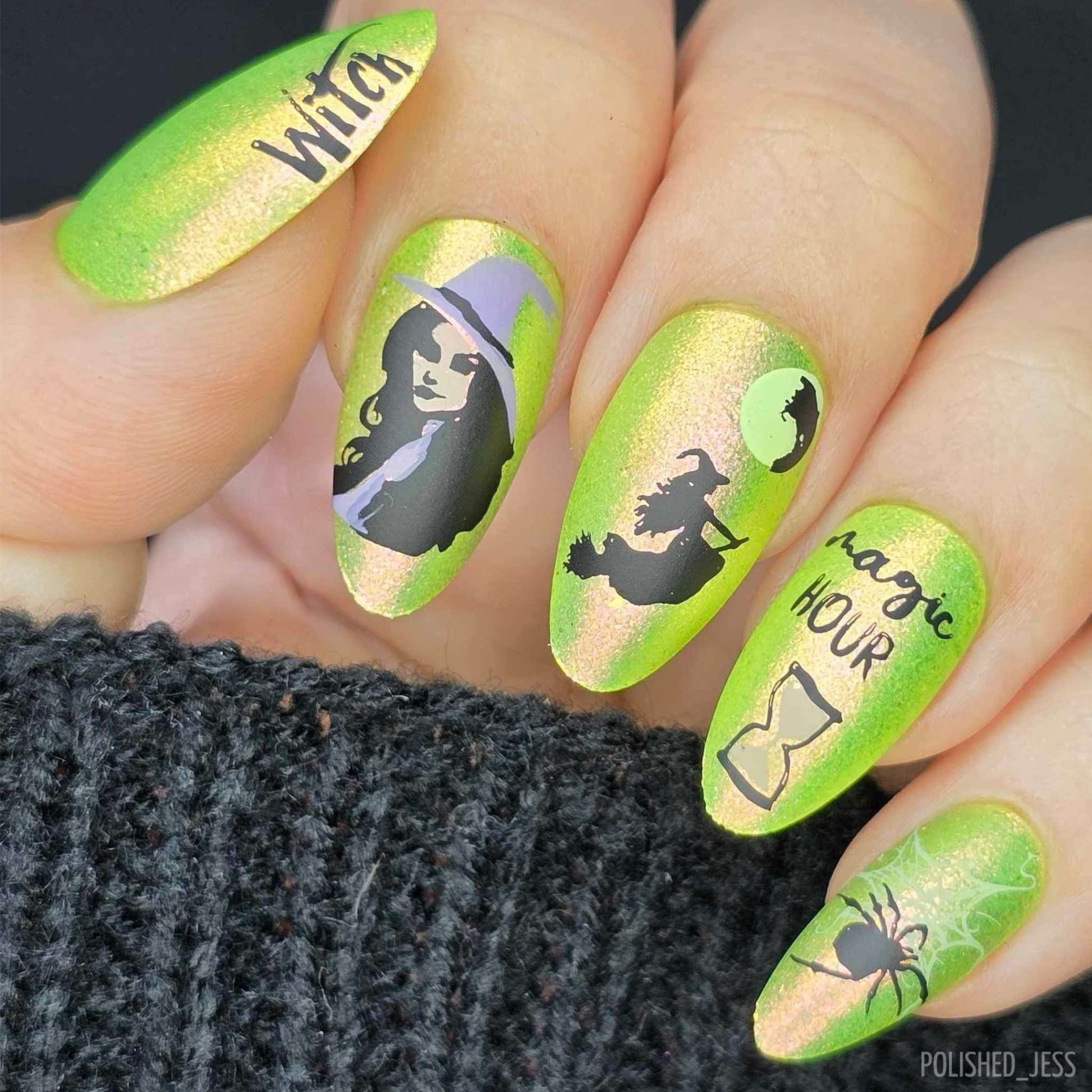 shimmering-manciure-with-hallowen-themed-nail-art-designs-of-witches-a-spider-and-the-words-magic-hour