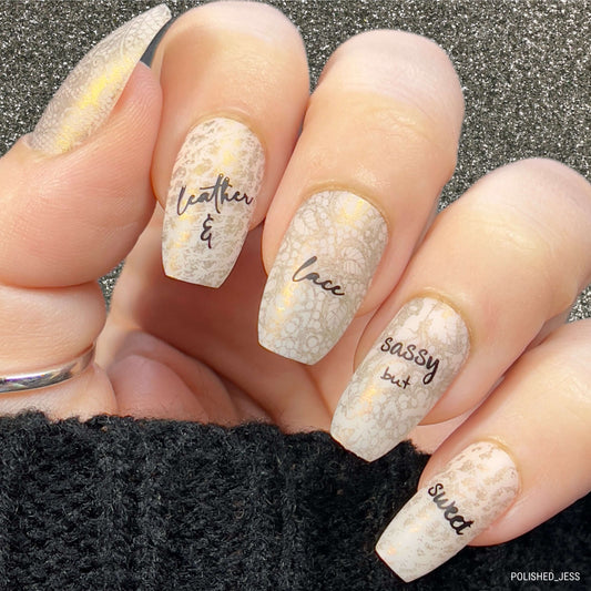 manicure-showing-lace-nail-art-designs-with-words-leather-and-lace-sassy-but-sweet
