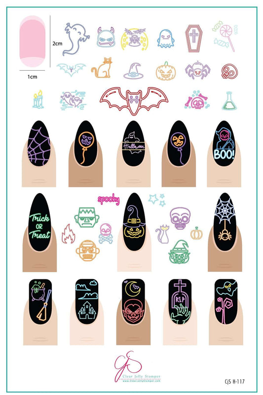 layered-nail-art-stamping-plate-inspo-card-with-colorful-designs-of-bats-pumpkins-siders-frankenstein-and-words-for-nail-art